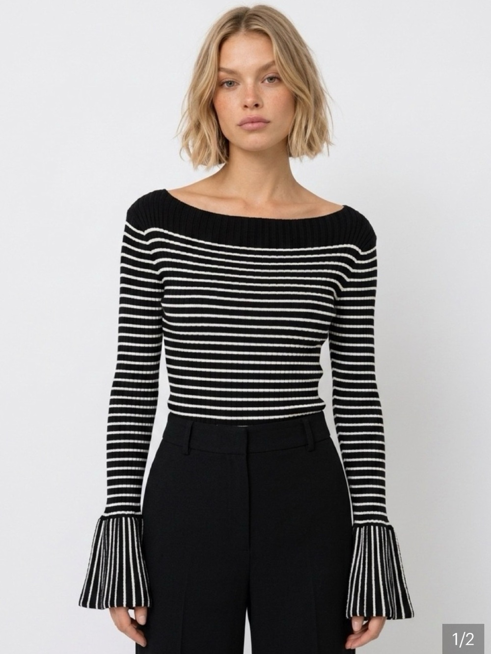 WHBM Black White Striped Flared Cuff Sweater